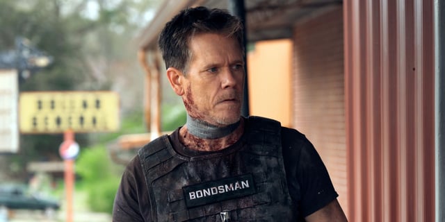 Kevin Bacon as Hub Halloran with duct tape around his slit throat in The Bondsman