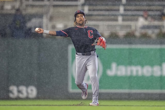 May 19, 2025; Minneapolis, Minnesota, USA; Cleveland Guardians third baseman Jose Ramirez (11) throws the ball to first base for an out against the Minnesota Twins in the third inning at Target Field. Mandatory Credit: Jesse Johnson-Imagn Images