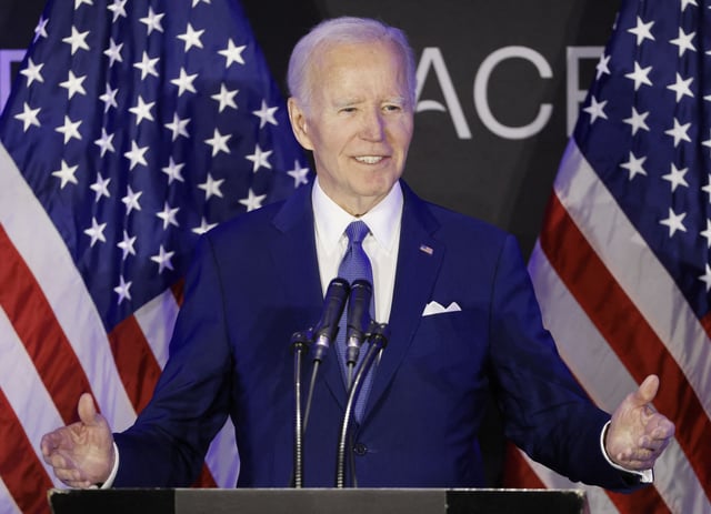 Former President Joe Biden is seen speaking during a conference of the Advocates, Counselors and Representatives for the Disabled (ACRD) at the Sofitel Hotel in Chicago, Illinois, on April 15, 2025. (Photo by tannen MAURY / AFP) / QUALITY REPEAT (Photo by TANNEN MAURY/AFP via Getty Images)