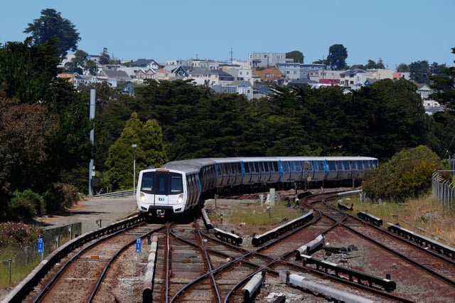 A BART train approaches the station in Daly City, Calif., on May 9, 2025.