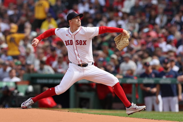 Apr 4, 2025; Boston, Massachusetts, USA; Boston Red Sox starting pitcher Walker Buehler (0) delivers a pitch during the second inning against the St. Louis Cardinals at Fenway Park. Mandatory Credit: Paul Rutherford-Imagn Images