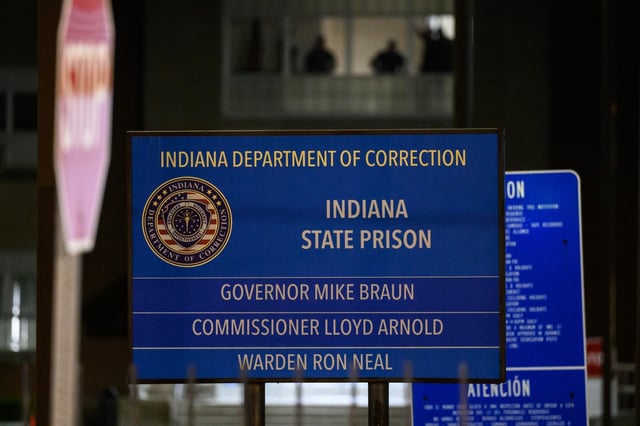 A sign stands outside of the Indiana State Prison as preparations are made at the facility to execute inmate Benjamin Ritchie on Monday, May 19, 2025. (Kyle Telechan/for the Post-Tribune)