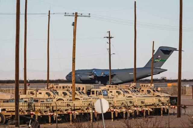 A United States Air Force Boeing C-17 used for deportation flights is pictured at Biggs Army Airfield in Fort Bliss, El Paso, Texas on Feb. 13, 2025.