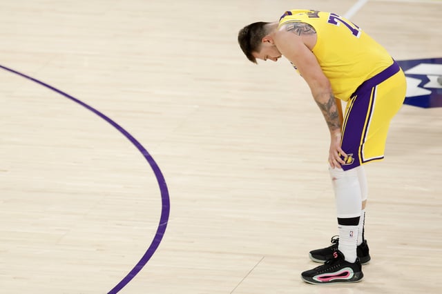 Luka Doncic #77 of the Los Angeles Lakers reacts against the Minnesota Timberwolves during the third quarter in Game Five of the Western Conference First Round NBA Playoffs at Crypto.com Arena on April 30, 2025 in Los Angeles, California.