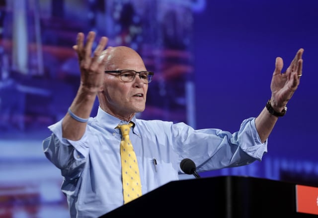 James Carville speaks at the annual U.S. Conference of Mayors meeting, Monday, June 26, 2017, in Miami Beach, Fla.