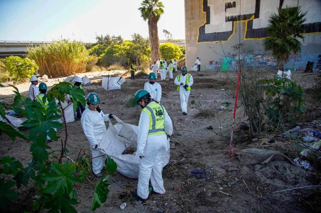 City workers clear a massive homeless encampment beneath the Interstate 5 overpass by the San Diego River on Nov. 7, 2024. (Alejandro Tamayo / The San Diego Union-Tribune)