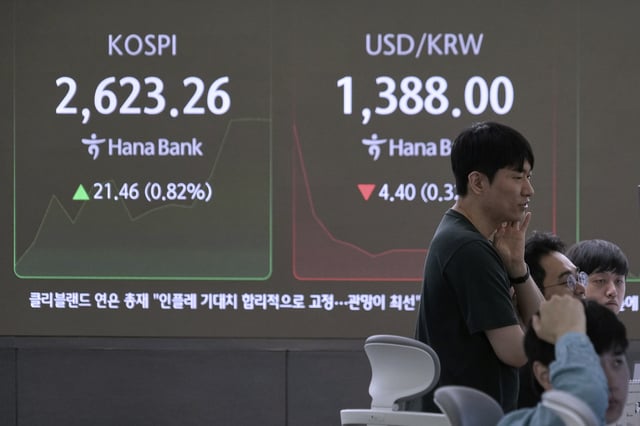 Currency traders watch monitors near a screen showing the Korea Composite Stock Price Index (KOSPI), left, and the foreign exchange rate between U.S. dollar and South Korean won at the foreign exchange dealing room of the KEB Hana Bank headquarters in Seoul, South Korea, Wednesday, May 21, 2025. (AP Photo/Ahn Young-joon)