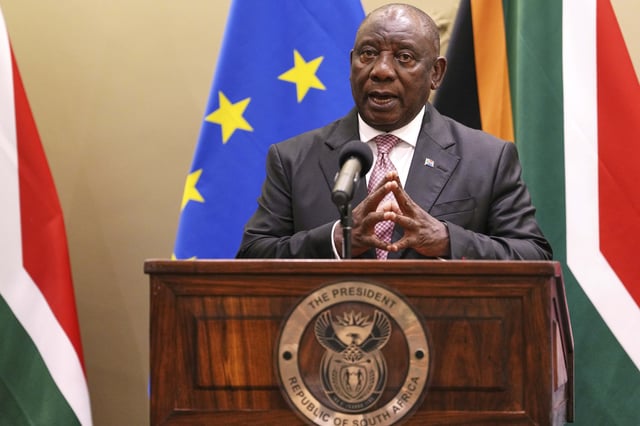 FILE - South Africa's President Cyril Ramaphosa speaks to journalists during the eighth EU-South Africa summit in Cape Town, South Africa, March 13, 2025. (AP Photo/Nardus Engelbrecht, File)