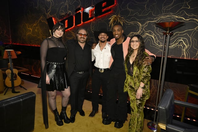 Jadyn Cree, Adam David, Jaelen Johnston, Renzo and Lucia Flores-Wiseman on "The Voice" Season 27 finale on May 20, 2025.