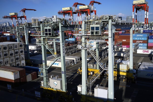 FILE - Tokyo Container Terminal is seen in Tokyo on Feb. 19, 2025. (AP Photo/Eugene Hoshiko, File)