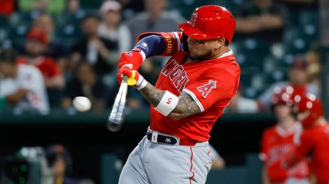 Angels slugger Yoán Moncada connects for a three-run home run during the fifth inning of Tuesday’s 7-5 victory over the A’s.
