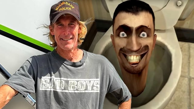 Michael Bay and a still of a Skibidi Toilet