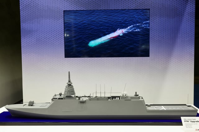 A mock model of the FFM "Upgraded Mogami" class is displayed during the Defence Security Equipment International (DSEI) Japan at Makuhari Messe in Chiba, east of Tokyo, Japan May 21, 2025. REUTERS/Kim Kyung-Hoon