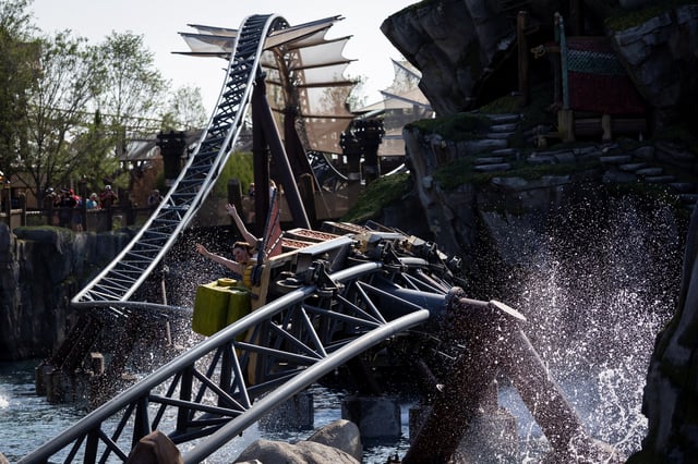 People ride the Dragon’s Racers Rally roller coaster at “How to Train Your Dragon - Isle of Berk” world in Universal Epic Universe theme park ahead of the grand opening ceremony in Orlando, Florida, U.S. May 20, 2025. REUTERS/Marco Bello