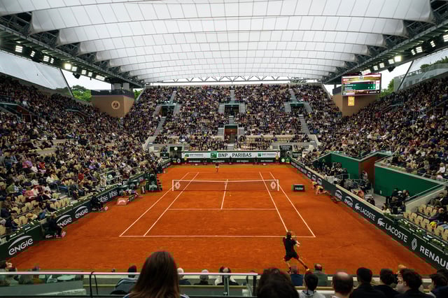 General view of Court Suzanne-Lenglen with the new roof closed for the Stefanos Tsitsipas of Greece and Daniel Altmaier match of Germany on day four of Roland Garros at Stade Roland Garros.