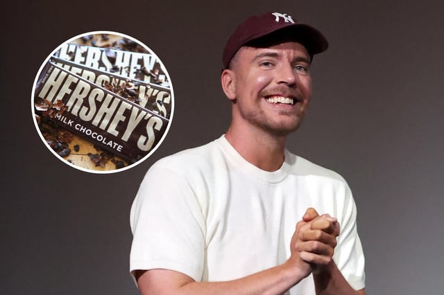 Jimmy Donaldson is seen at Prime Video&#39;s &#34;Beast Games&#34; Special Tastemaker Screening at the Television Academy on May 8, 2025 in Los Angeles, California. In the inset photo illustration, Hershey&#39;s chocolate bars are shown on July 16, 2014 in Chicago, Illinois.