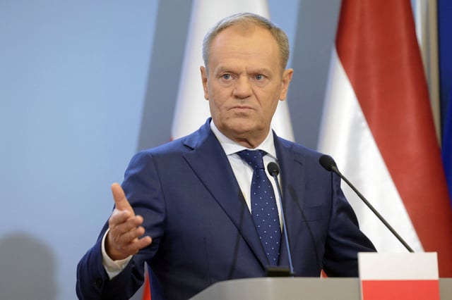 Poland's Prime Minister Donald Tusk attends a press conference, following a meeting with Latvia's Prime Minister Evika Silina (not pictured), in Warsaw, Poland, February 29, 2024. Kuba Atys/Agencja Wyborcza.pl via REUTERS/File Photo