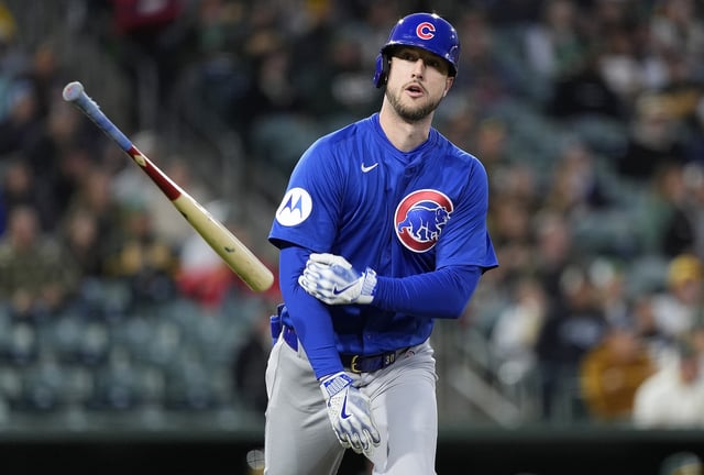 SACRAMENTO, CALIFORNIA - APRIL 01: Kyle Tucker #30 of the Chicago Cubs tosses his bat away after he hit a solo home run against the Athletics in the top of the third inning at Sutter Health Park on April 01, 2025 in Sacramento, California.
