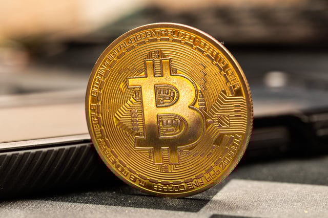 Bitcoin cryptocurrency coin placed on a desk in Clermont-Ferrand France on May 16 2025.