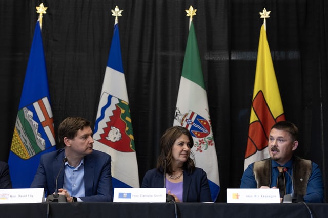 British Columbia Premier David Eby, from left, Alberta Premier Danielle Smith and Nunavut Premier P.J. Akeeagok during a media availability at the 2024 Western Premiers’ Conference in Whitehorse, Monday, June 10, 2024. 