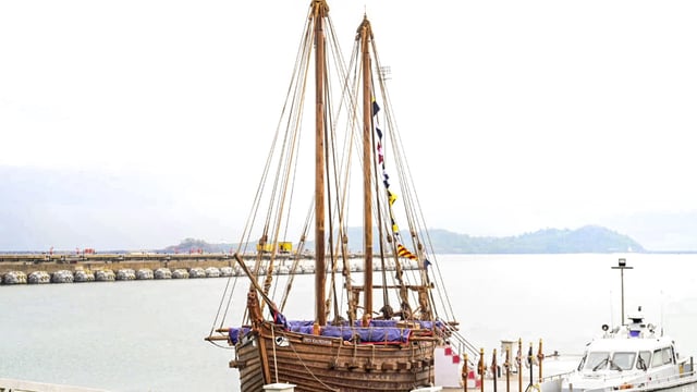 INSV Kaundinya, a recreation of a 5th-century stitched ship inspired by Ajanta murals, during its induction ceremony at the Karwar Naval Base, Karnataka.