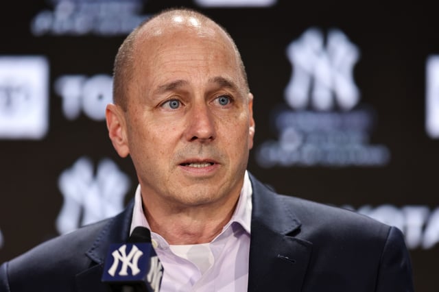BRONX, NEW YORK - DECEMBER 21: New York Yankee general manager Brian Cashman speaks to the media during a press conference at Yankee Stadium on December 21, 2022 in Bronx, New York.