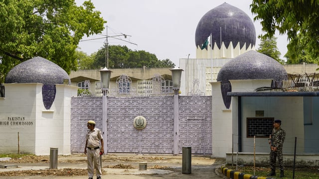 Security personnel keep vigil outside the Pakistan High Commission following 'Operation Sindoor', in New Delhi.