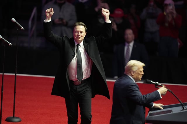 Elon Musk reacts as President-elect Donald Trump speaks at a rally ahead of the 60th Presidential Inauguration, Sunday, Jan. 19, 2025, in Washington.