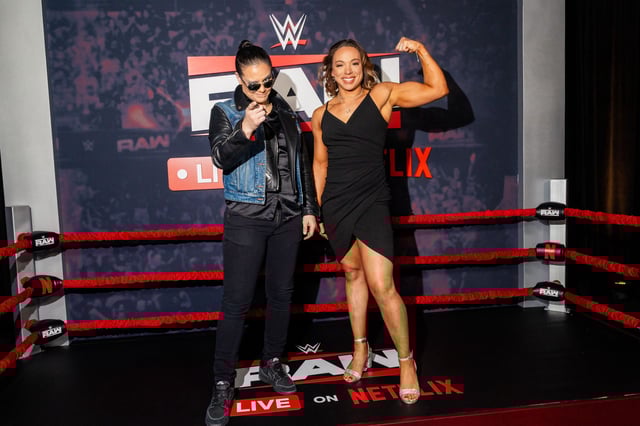 INGLEWOOD, CALIFORNIA - JANUARY 06: (L-R) Shayna Baszler and Zoey Stark attend Netflix&#39;s Debut of WWE Monday Night Raw at Intuit Dome on January 06, 2025 in Inglewood, California.