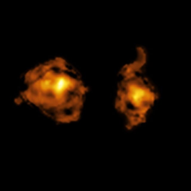 A galaxy hosting a quasar in the distant universe, right, jabs another galaxy with its beam of intense radiation as the two bump and collide. 