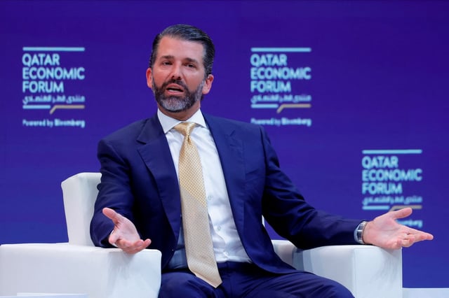 Donald Trump Jr. speaks during a session in the Qatar Economic Forum in Doha on May 21, 2025. (KARIM JAAFAR/AFP via Getty Images)