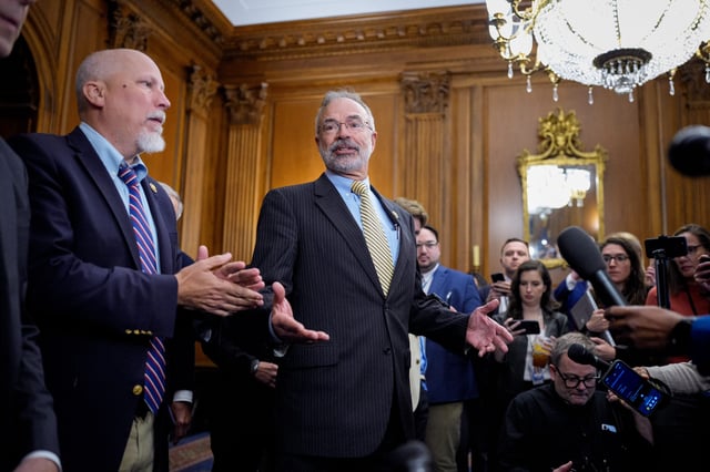 House Freedom Caucus chair Rep. Andy Harris (R-MD), accompanied by Rep. Chip Roy (R-TX) (L), speaks about the House Freedom Caucus and their ongoing negotiations on the "One, Big, Beautiful Bill" at the U.S. Capitol Building on May 21, 2025 in Washington, DC.