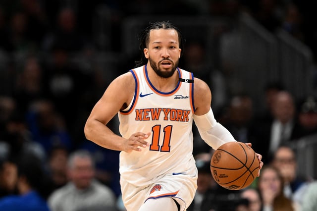 Jalen Brunson #11 of the New York Knicks dribbles the ball against the Boston Celtics during the first half of Game Five of the Eastern Conference Second Round NBA Playoffs at the TD Garden on May 14, 2025 in Boston, Massachusetts.