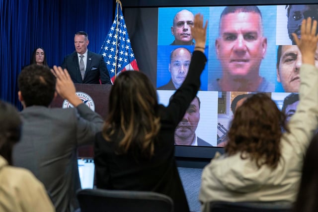 Acting director of US Immigration and Customs Enforcement (ICE) Todd Lyons speaks during a news conference about a recent migrant flight to South Sudan at ICE Headquarters in Washington, DC, on May 21.