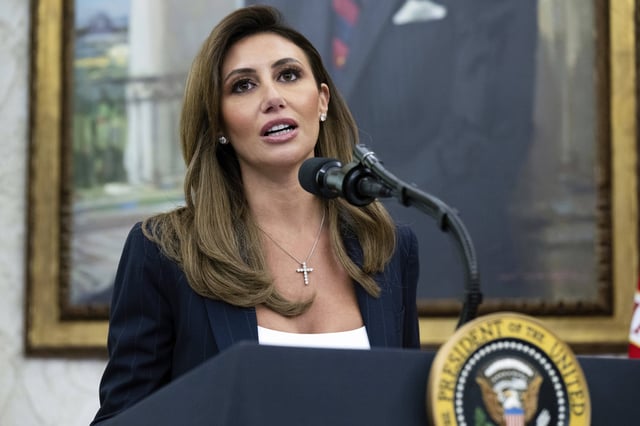 Alina Habba speaks after being sworn in as interim US Attorney General for New Jersey, in the Oval Office of the White House in Washington, on March 28, 2025.