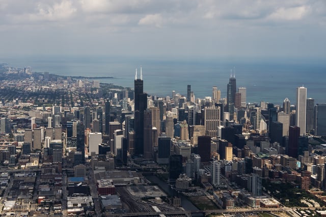 UNITED STATES – AUGUST 16: The skyline of Chicago is seen on descent to Midway Airport on Friday, August 16, 2024. (Tom Williams/CQ-Roll Call, Inc via Getty Images)