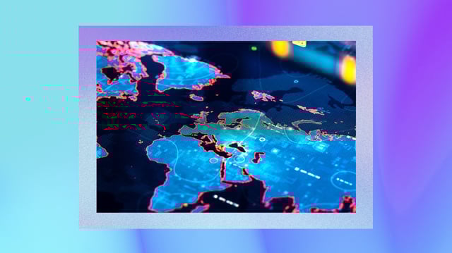 Digital map displaying parts of Europe, Asia, and Africa with regions highlighted in blue and red, possibly indicating different territories or data values.
