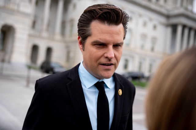 Former Representative Matt Gaetz speaks to a reporter in Washington, D.C. on April 19, 2024.