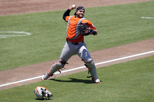 Houston Astros catcher Yainer Diaz throws out Tampa Bay Rays&#39; Yandy Díaz at first base on a slow grouynd ball during the second inning of a baseball game Wednesday, May 21, 2025, in Tampa, Fla. (AP Photo/Chris O&#39;Meara)
