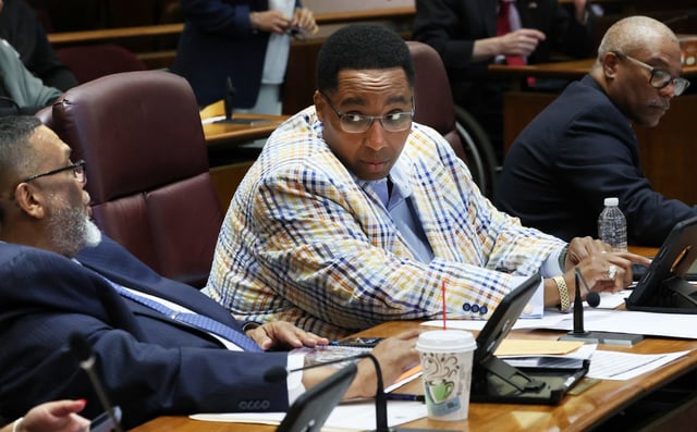 Ald. Jason Ervin, 28th, center, attends a Chicago City Council meeting on May 7, 2025. (Terrence Antonio James/Chicago Tribune)