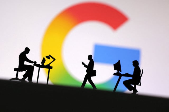 Miniature figures of people are seen in front of the new Google logo in this illustration taken May 13, 2025. REUTERS/Dado Ruvic/Illustration/File Photo