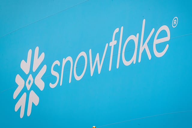 The company logo for Snowflake Inc. is displayed on a banner to celebrate the company's IPO at the New York Stock Exchange (NYSE) in New York, U.S., September 16, 2020. REUTERS/Brendan McDermid/File photo