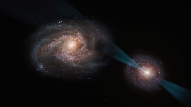 An artist's impression shows a galactic merger in which the galaxy on the right hosts a quasar at its core, in this handout image released by the European Southern Observatory on May 21, 2025. ESO/M. Kornmesser/Handout via REUTERS