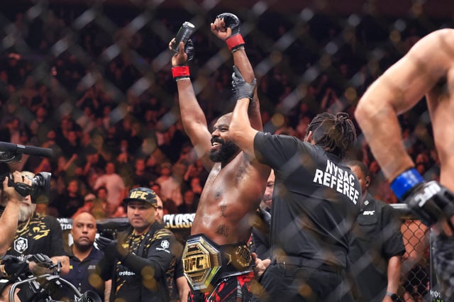 MMA fighter Jon Jones reacts after his TKO victory against US MMA fighter Stipe Miocic in their heavyweight title bout during UFC 309 at Madison Square Garden in New York, November 16, 2024.