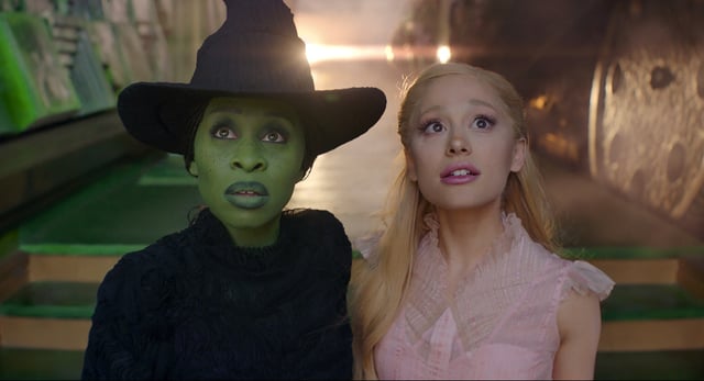 This image released by Universal Pictures shows Cynthia Erivo, left, and Ariana Grande in a scene from the film &#34;Wicked.&#34; The musical film received five nods, including Best Ensemble and individual acting nominations for Cynthia Erivo, Ariana Grande, and Jonathan Bailey.
