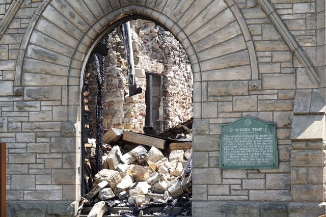 FILE - The historic Clayborn Temple, a landmark from the civil rights movement with ties to Martin Luther King Jr., caught fire, April 28, 2025, in Memphis, Tenn. (AP Photo/Karen Pulfer Focht, File)