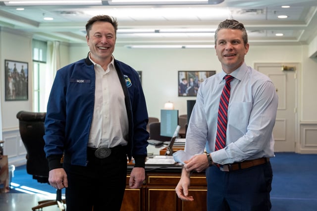 U.S. Secretary of Defense Pete Hegseth welcomes Elon Musk as a visitor to the Pentagon in Arlington, Virginia, U.S. March 21, 2025. DOD/U.S. Air Force Senior Airman Madelyn Keech/Handout via REUTERS/File Photo