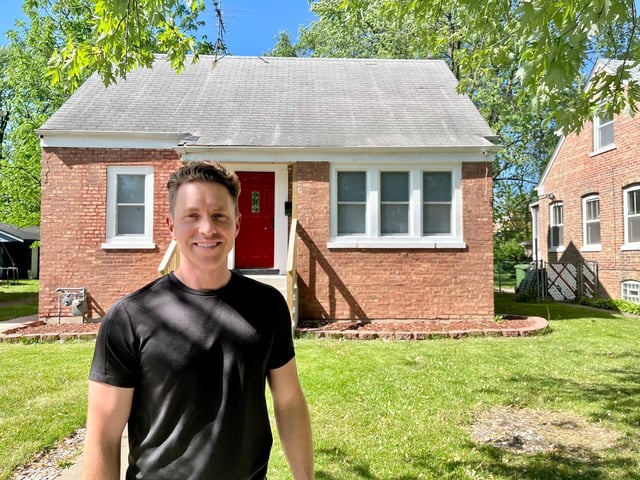 Real estate broker Steve Budzik stands in front of the childhood home of Pope Leon XIV May 16, 2025, in Dolton. (Olivia Stevens/Daily Southtown)