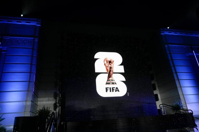 The logo for the 2026 World Cup is shown on a screen outside Griffith Observatory during a ceremony unveiling the official branding for the 2026 World Cup on Wednesday night. (AP Photo/Jae C. Hong)