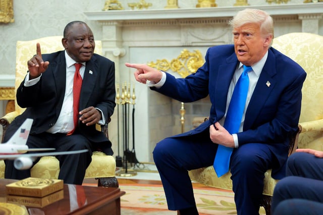 President Donald Trump, right, speaks during a meeting with President of South Africa Cyril Ramaphosa in the Oval Office of the White House on May 21 in Washington, DC.